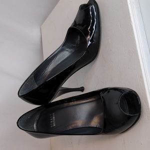 Stuart Weitzman Peep Toe Spike Heel Black Patent Leather Dhoes